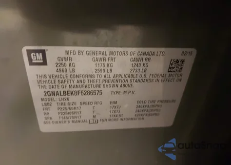 2015 Chevrolet Equinox 1Lt from USA, damaged, VIN 2GNALBEK8F6286575